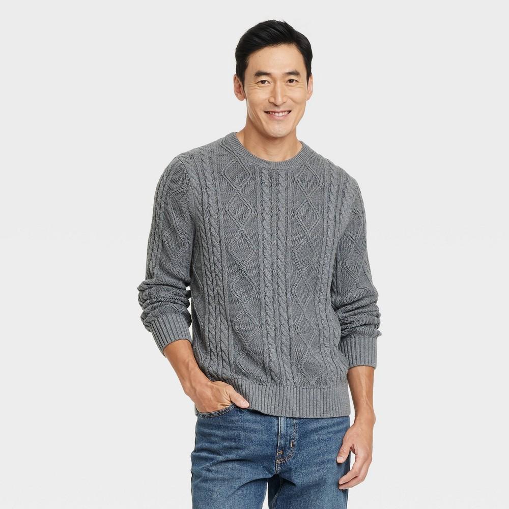 Mens Cable Crewneck Pullover Sweater - Goodfellow & Co Heathered XXL Product Image