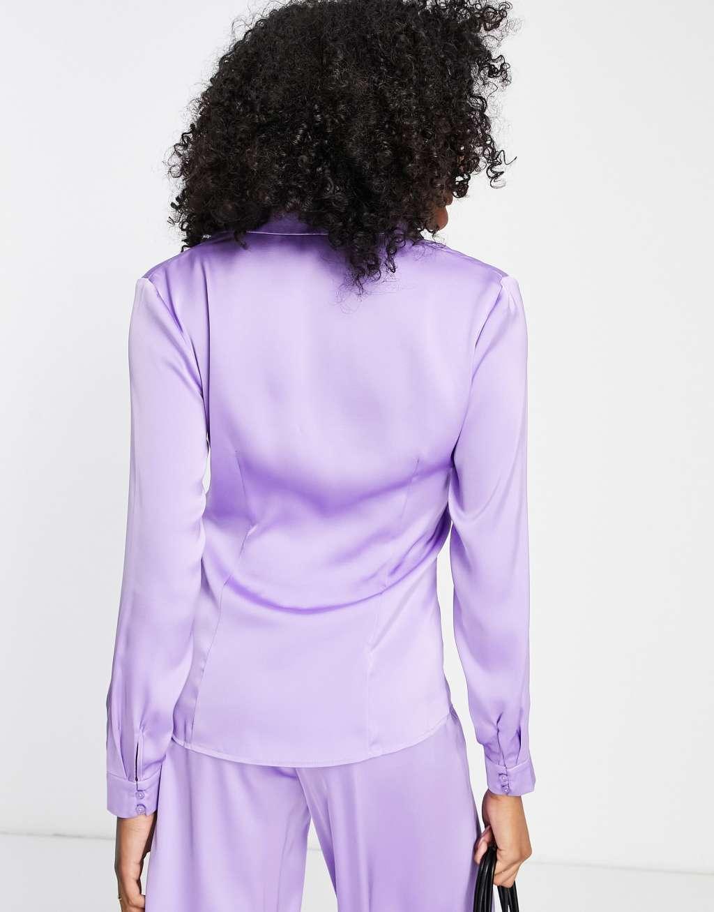 Vila exclusive fitted satin shirt in purple - part of a set Product Image