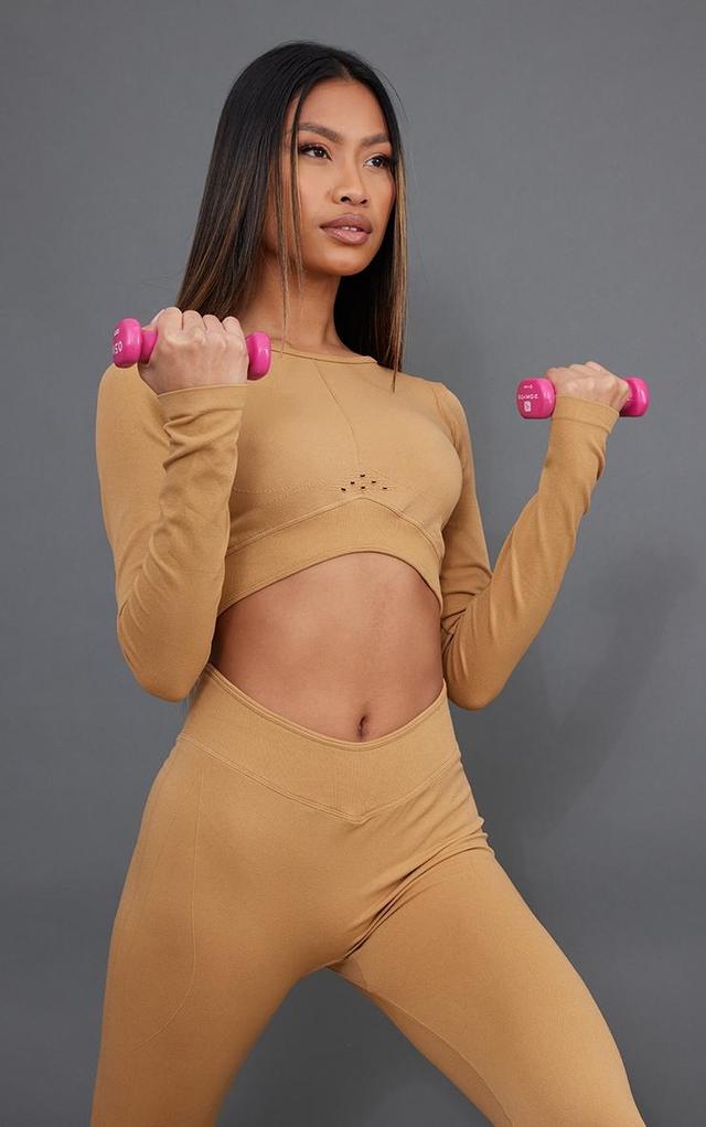 Tan Sport Seamless Dipped Front Long Sleeve Crop Top Product Image