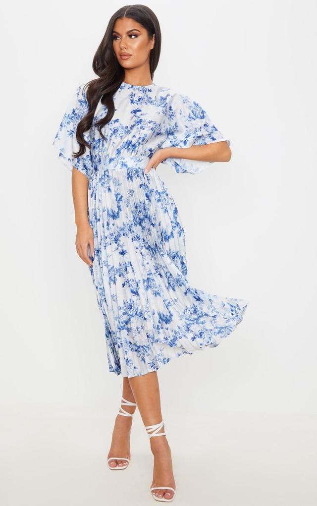 Pastel Blue Floral Print Open Back Pleated Midi Dress Product Image