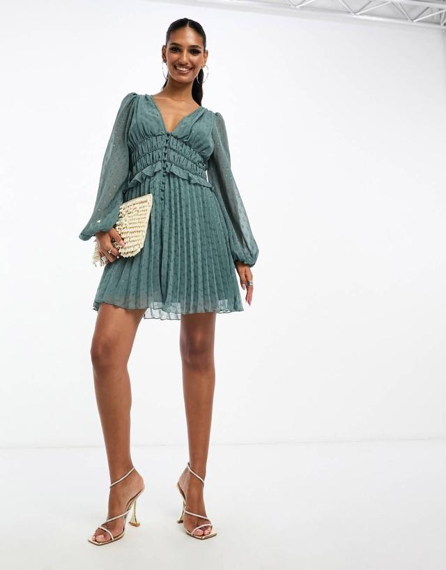 ASOS DESIGN button up ruched waist pleated mini dress Product Image