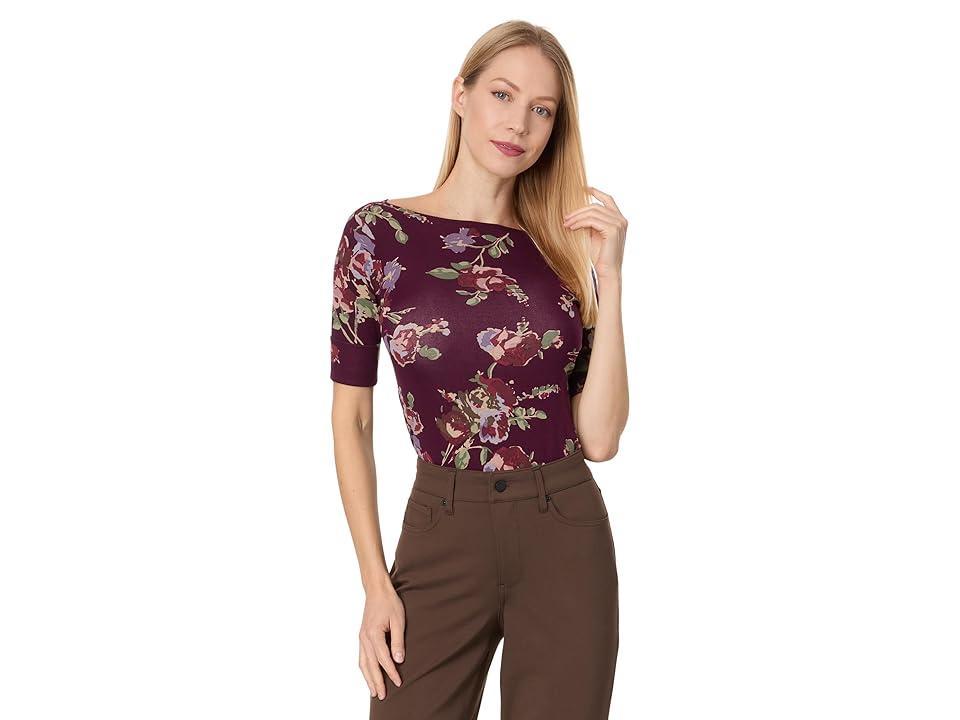 Lauren Ralph Lauren Petite Floral Stretch Cotton Boatneck Tee Multi) Women's Clothing Product Image