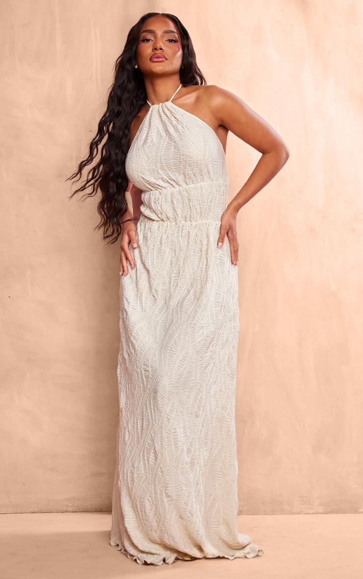 Cream Textured Tiered Halterneck Maxi Dress Product Image