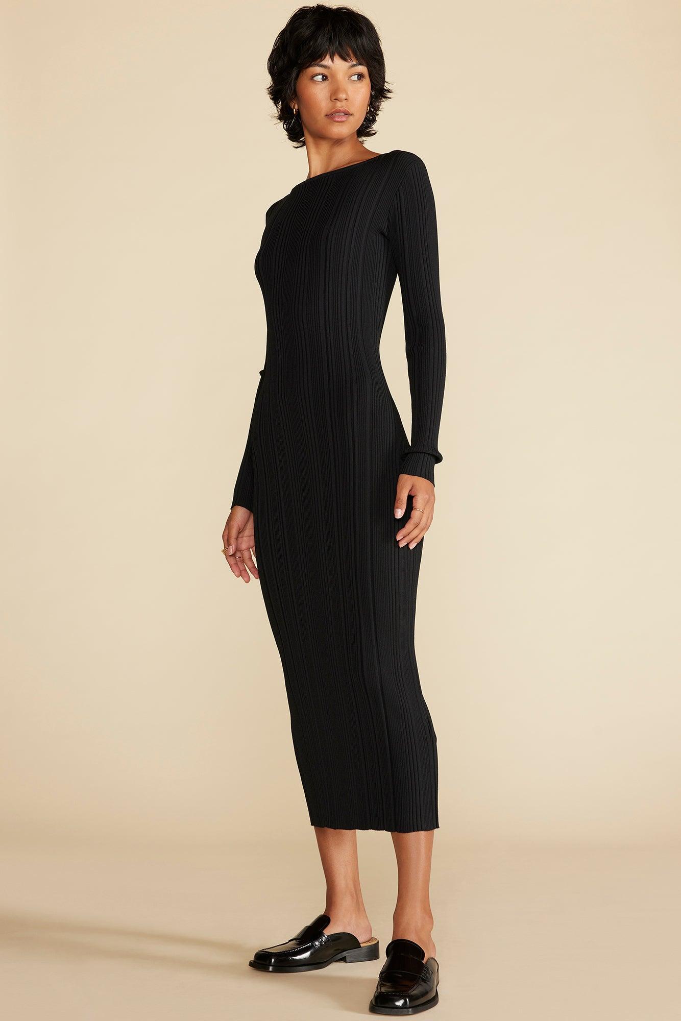 Chantae Ribbed Boatneck Dress - Black Product Image