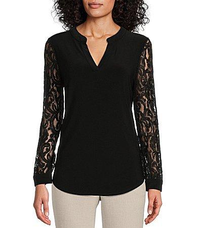 Kasper Womens Split-Neck Lace-Sleeve Blouse Product Image