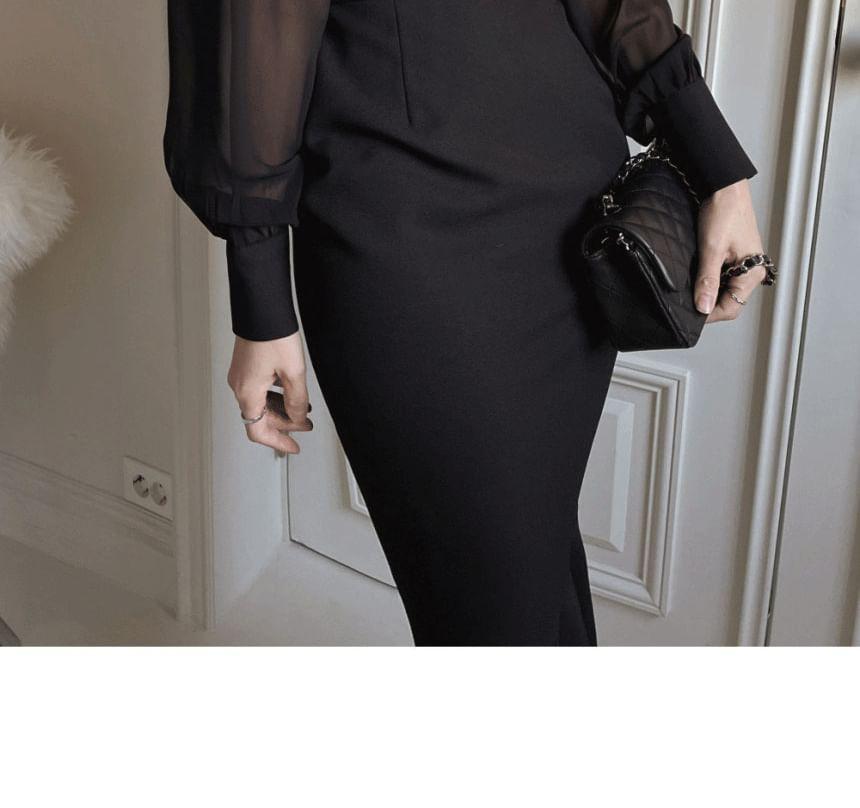 Long Sleeve V-Neck Plain Tie Back Button Panel Mesh Maxi Sheath Dress Product Image