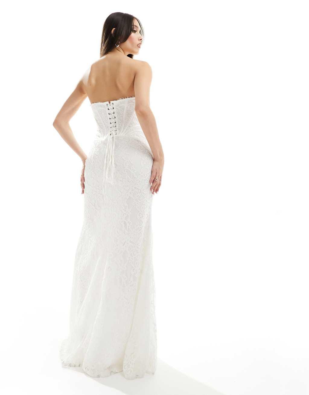 Heiress Beverly Hills premium lace bandeau corset thigh split maxi dress in white Product Image