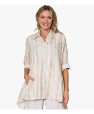 Stella Carakasi Womens Striped Linen Long Sleeve Collared V-Neck True Form Shirt Product Image