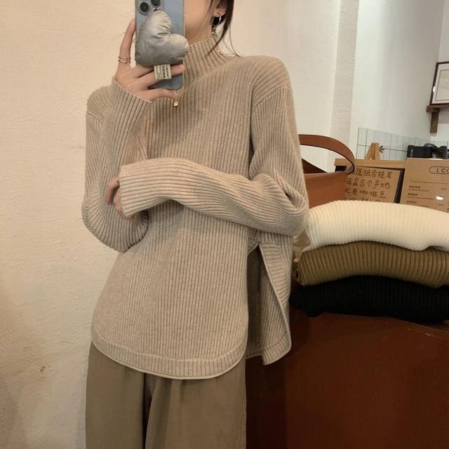 Mock Neck Plain Side-Slit Ribbed Sweater Product Image