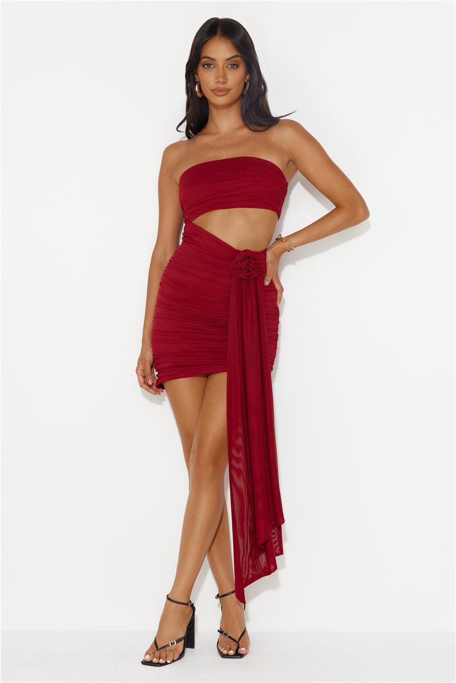 One Week Vacay Strapless Mesh Mini Dress Maroon Product Image