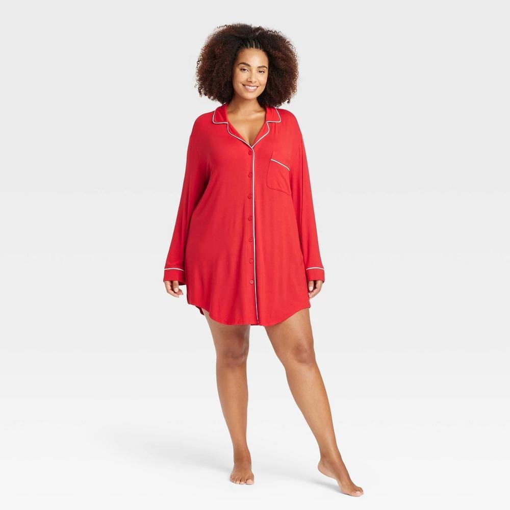 Womens Cloud Knit Notch Collar Long Sleeve NightGown - Auden Red 2X Product Image