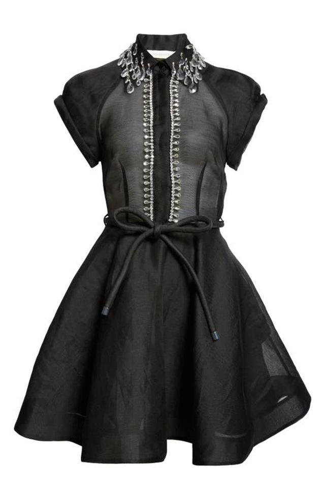 Matchmaker Flip Belted Crystal-embellished Linen And Silk-blend Organza Mini Dress In Black Product Image