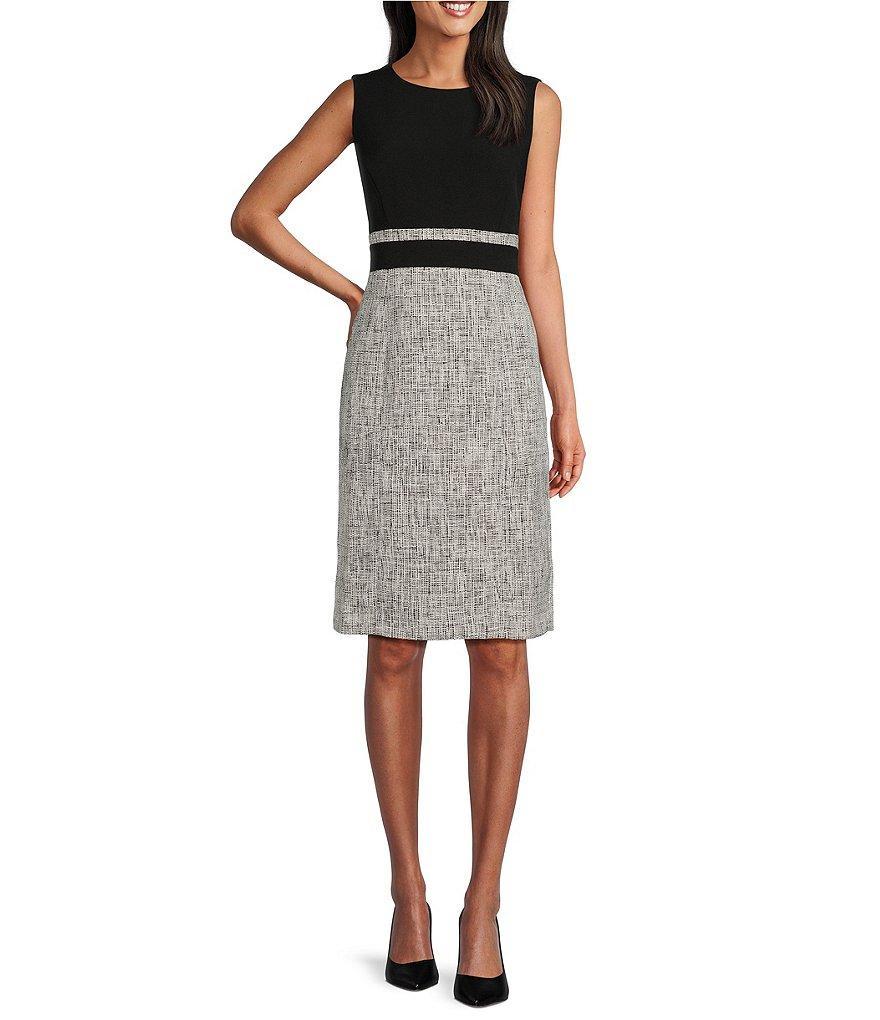 Kasper Stretch Crepe Crew Neck Sleeveless Tweed Sheath Dress Product Image