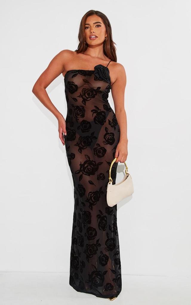 Black Floral Mesh One Shoulder Maxi Dress Product Image