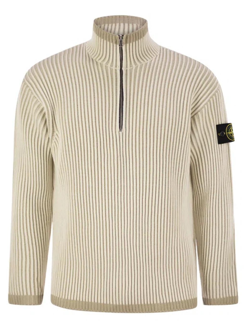 STONE ISLAND Men's Half-zip Rib Knit Wool Jumper In Beige Product Image