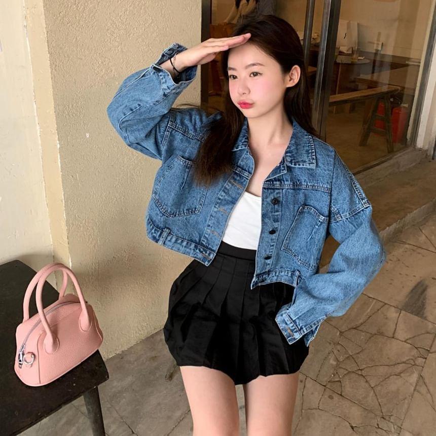 Collar Lace-Up Washed Denim Crop Button Jacket Product Image