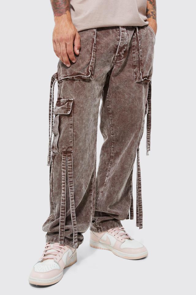 Relaxed Strap Detail Acid Wash Corduroy Trousers | boohooMAN USA Product Image