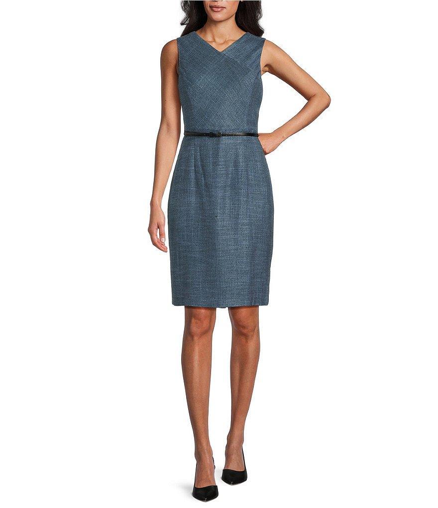 Kasper Tweed V-Neck Sleeveless Belted Sheath Dress Product Image