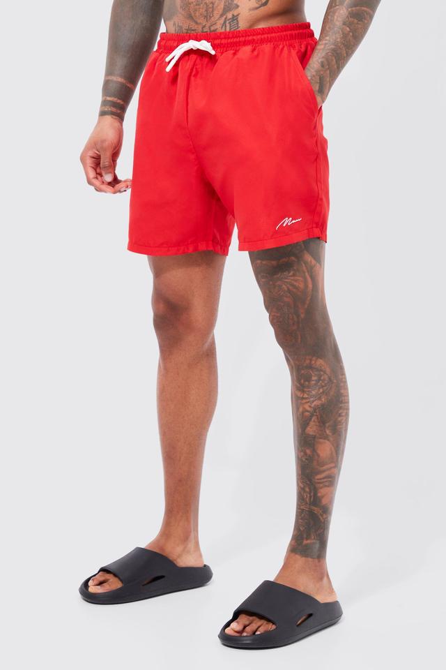 Man Signature Mid Length Swim Trunks | boohooMAN USA Product Image