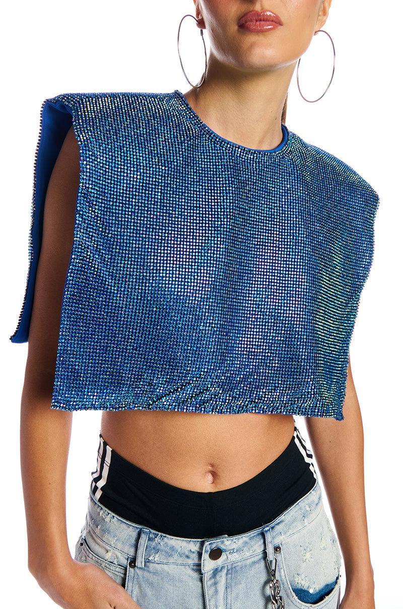 DISCO BABE SLEEVELESS RHINESTONE CROP TOP IN BLUE Product Image