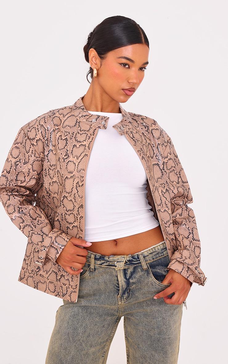 Brown Snake Faux Leather Zip Up Jacket Product Image