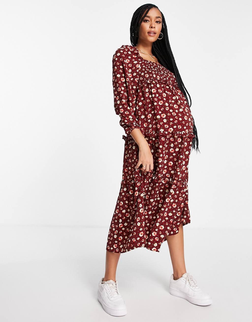 Missguided Maternity floral tiered midaxi dress in burgundy Product Image