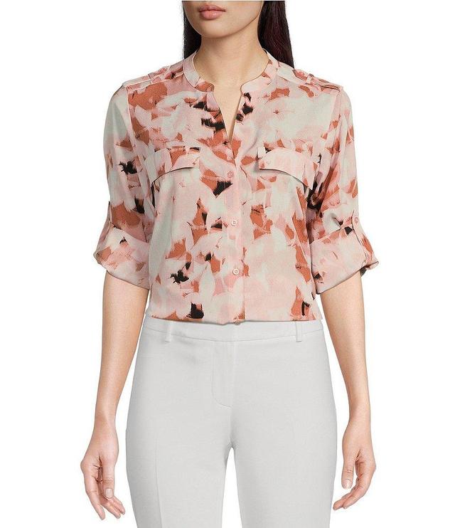 Calvin Klein Printed Banded Collar Split V-Neck Long Roll Tab Sleeve Chest Pocket Button Front Blouse Product Image