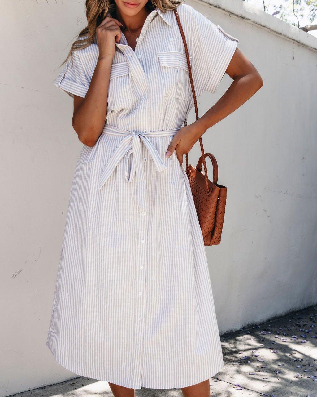 Taupe Stripe Belted Midi Dress - FINAL SALE Female Product Image