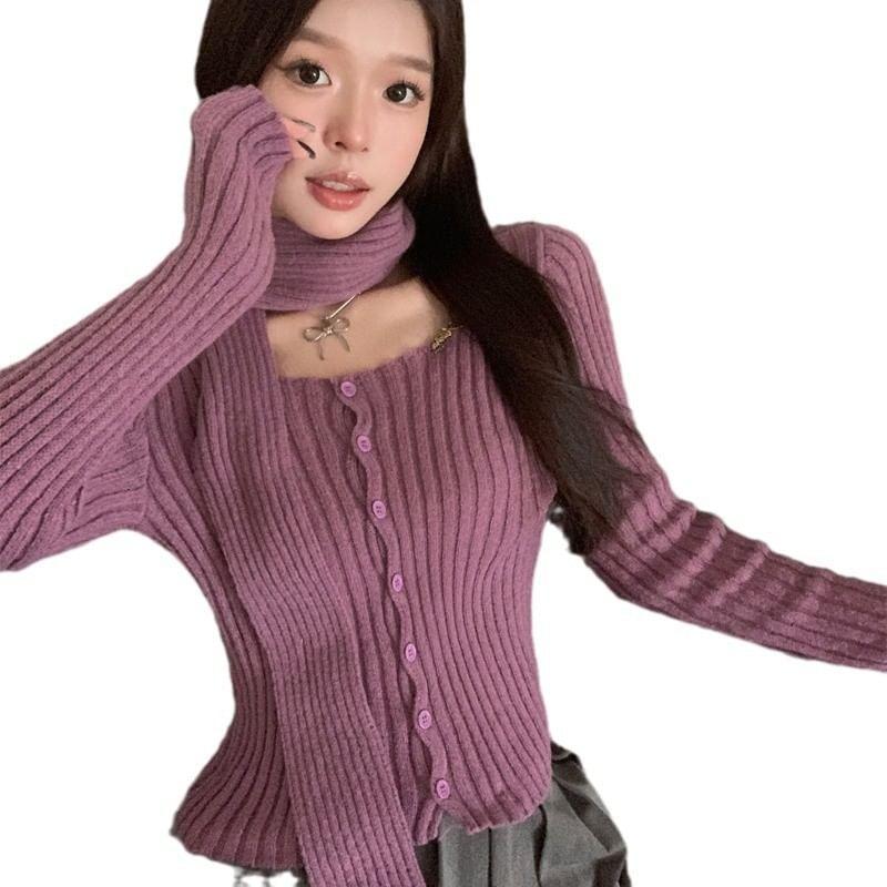 Square Neck Plain Ribbed Knit Cardigan Product Image