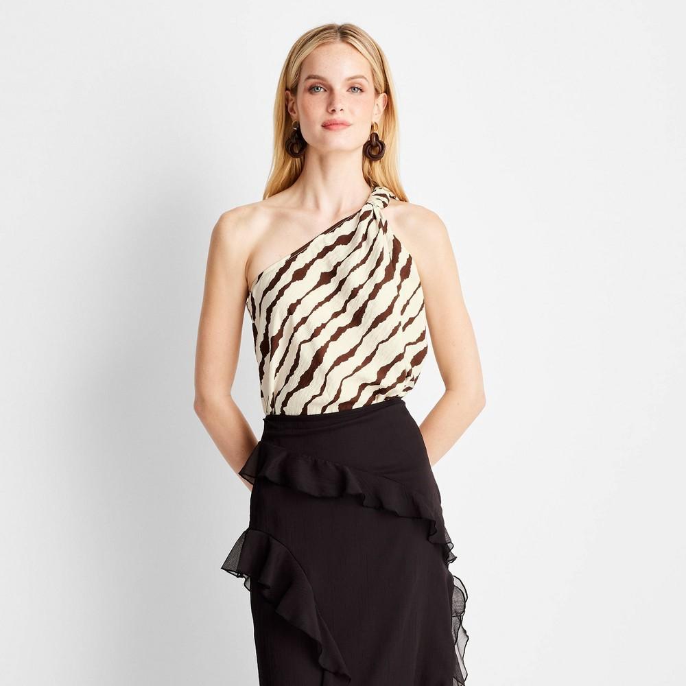 Womens One Shoulder Knot Top - Future Collective with Jenee Naylor Cream/Brown Striped Product Image