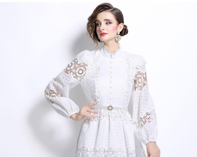 Set: Long Sleeve Stand Collar Plain Button Panel Lace Midi A-Line Dress + Belt Product Image