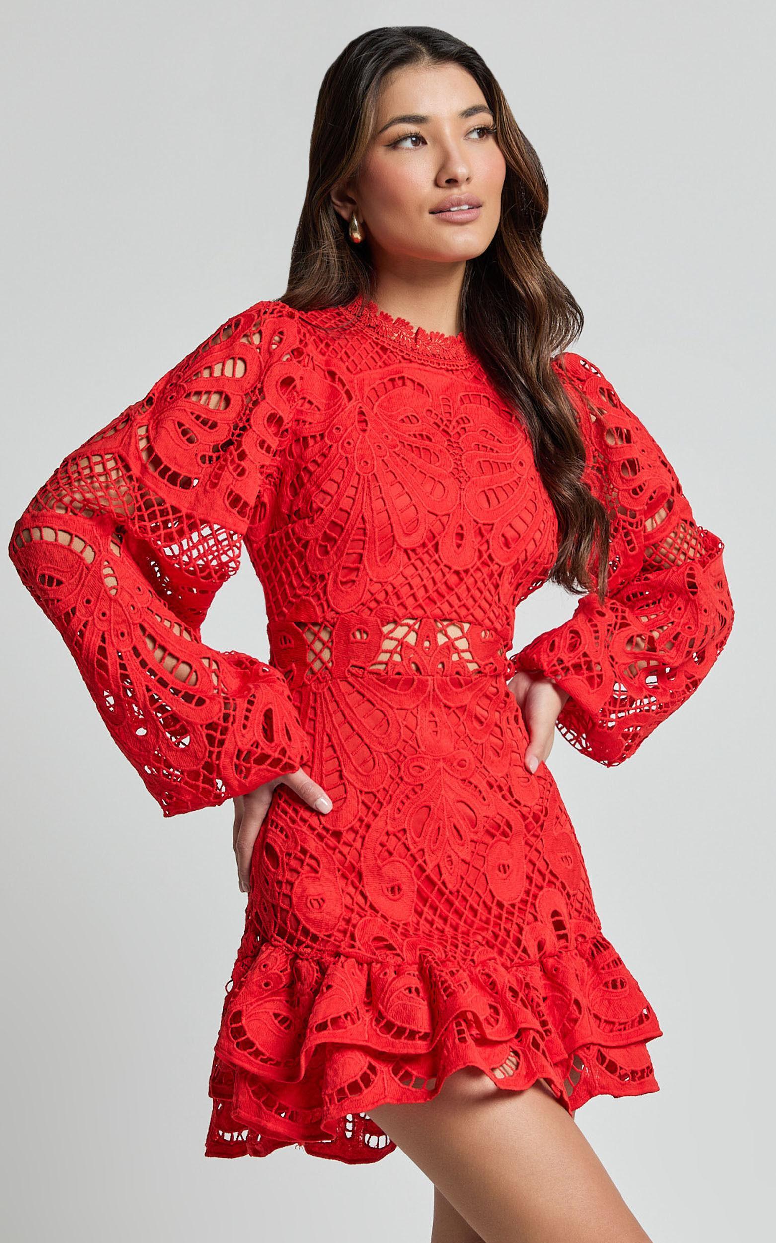 Kiss Me Now Mini Dress - Long Puff Sleeve Dress in Red Floral Product Image