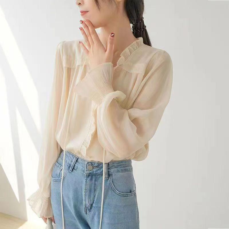 Long-Sleeve V-Neck Plain Frill Trim Blouse Product Image