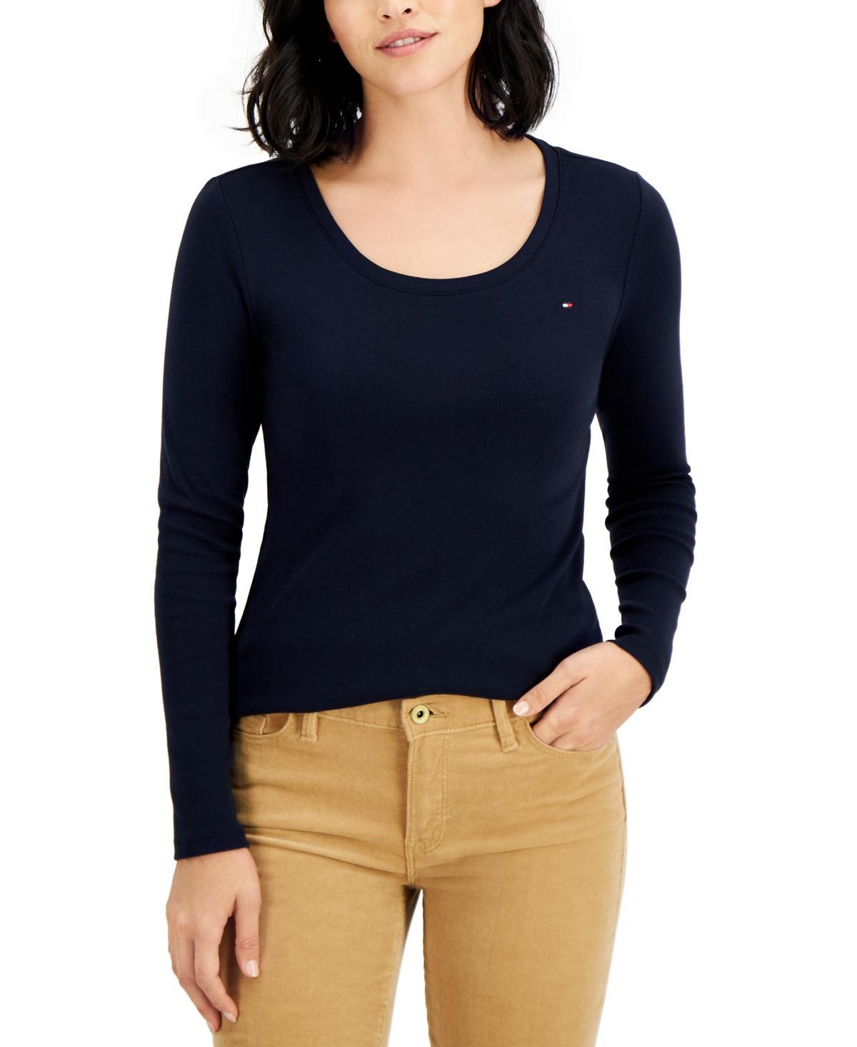 Tommy Hilfiger Womens Solid Scoop-Neck Long-Sleeve Top Product Image