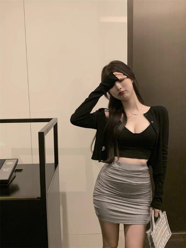 Plain Cropped Camisole Top / Cardigan / High Waist Mini Pencil Skirt Product Image