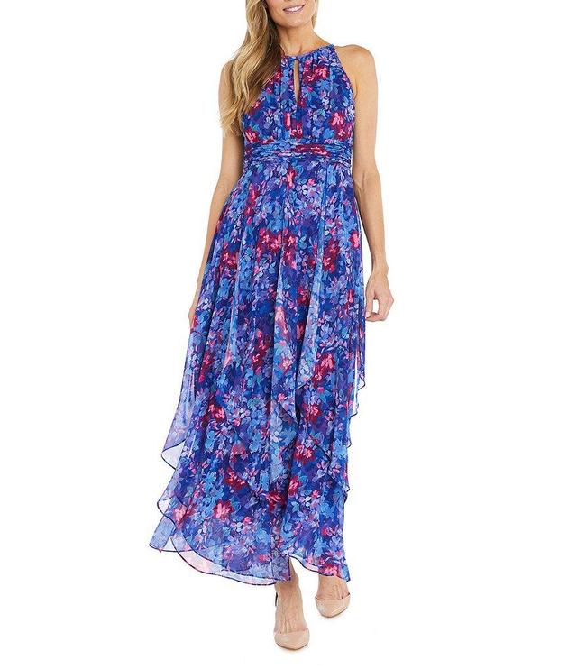 R & M Richards Chiffon Sleeveless Keyhole Halter Neck Ruffle Floral A-Line Maxi Dress Product Image