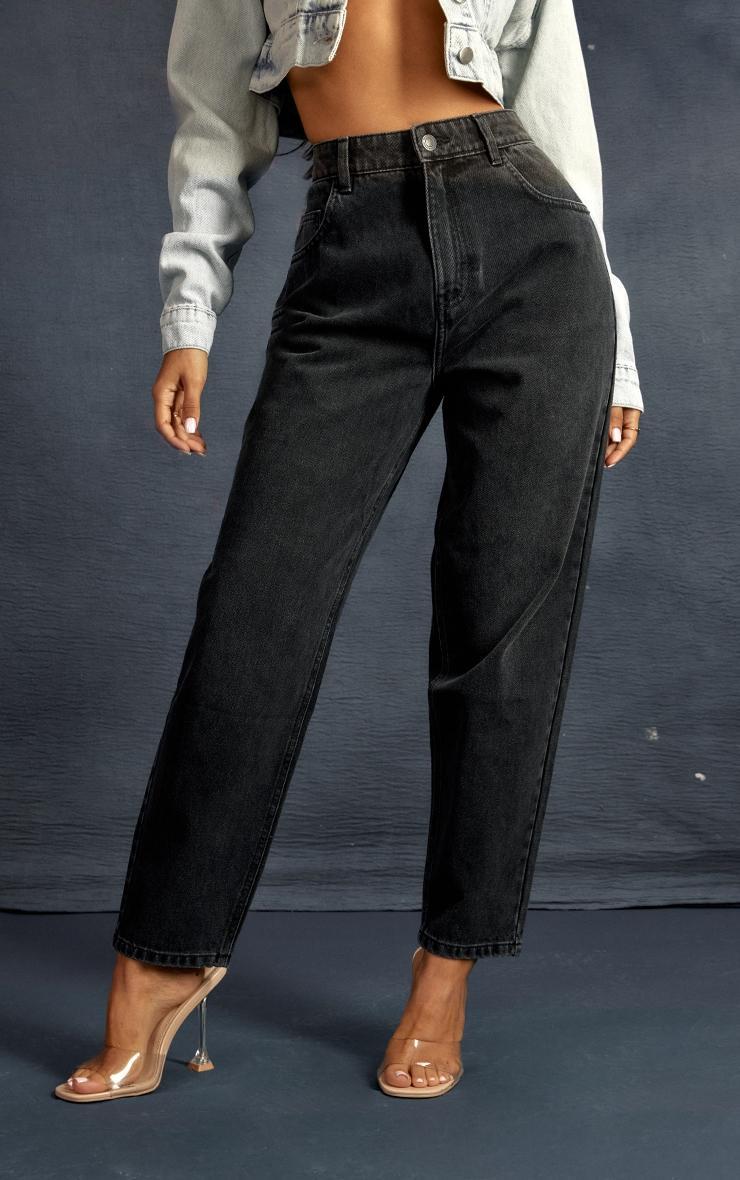 PRETTYLITTLETHING Petite Washed Black High Rise Mom Jeans Product Image