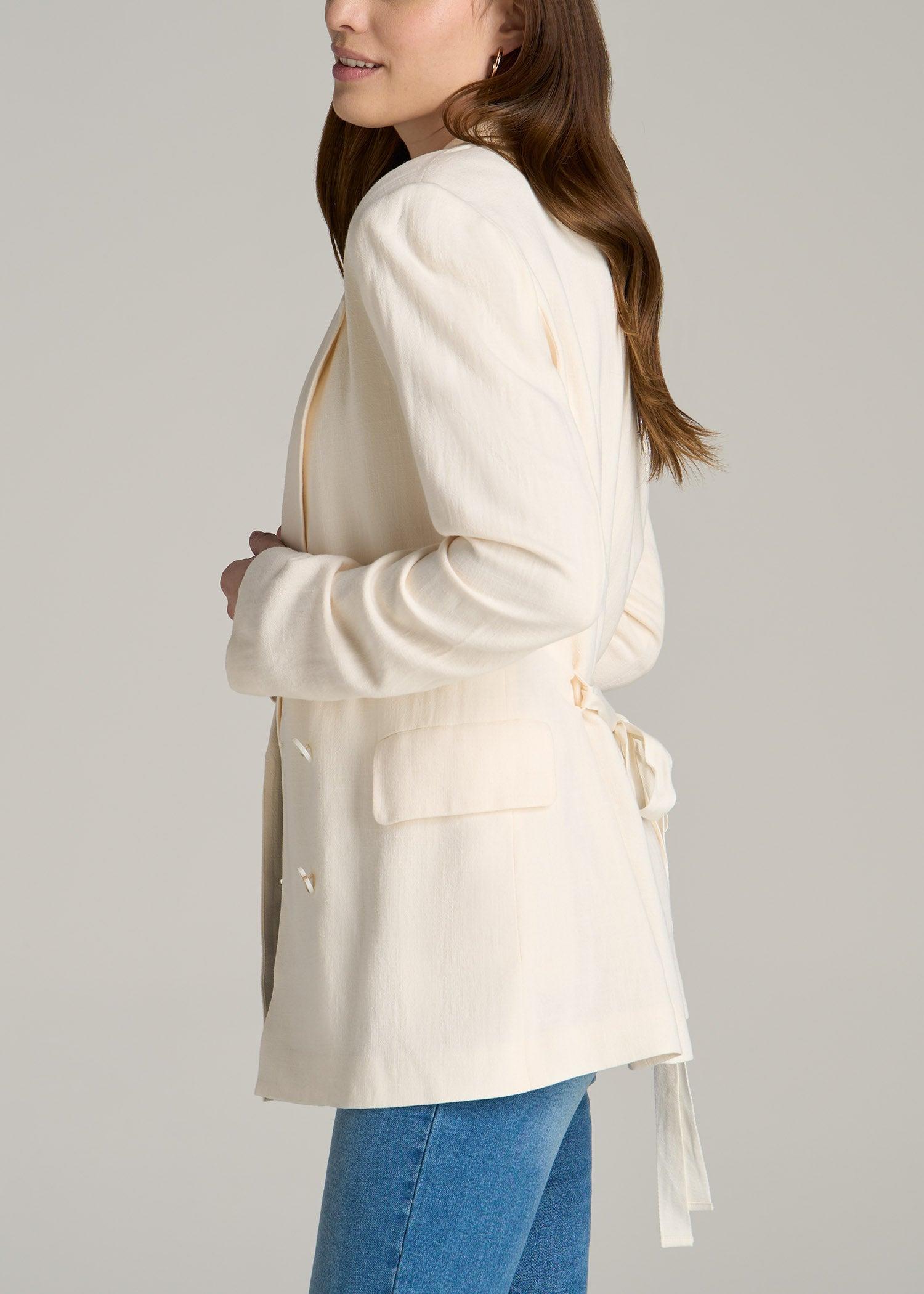 Linen Blend Tie Back Blazer For Tall Women in White Alyssum Female Product Image