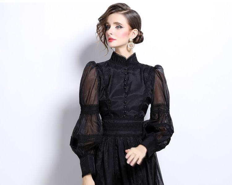 Cinched Sleeve Stand Collar Plain Panel Mesh Maxi A-Line Dress Product Image