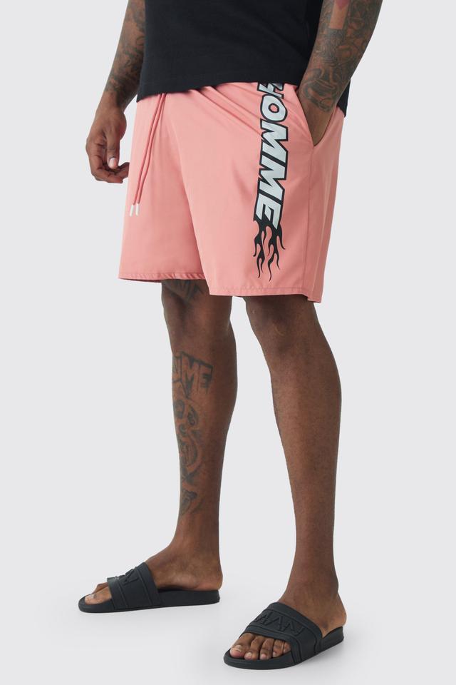 Plus Homme Slogan Printed Swim Trunks | boohooMAN USA Product Image