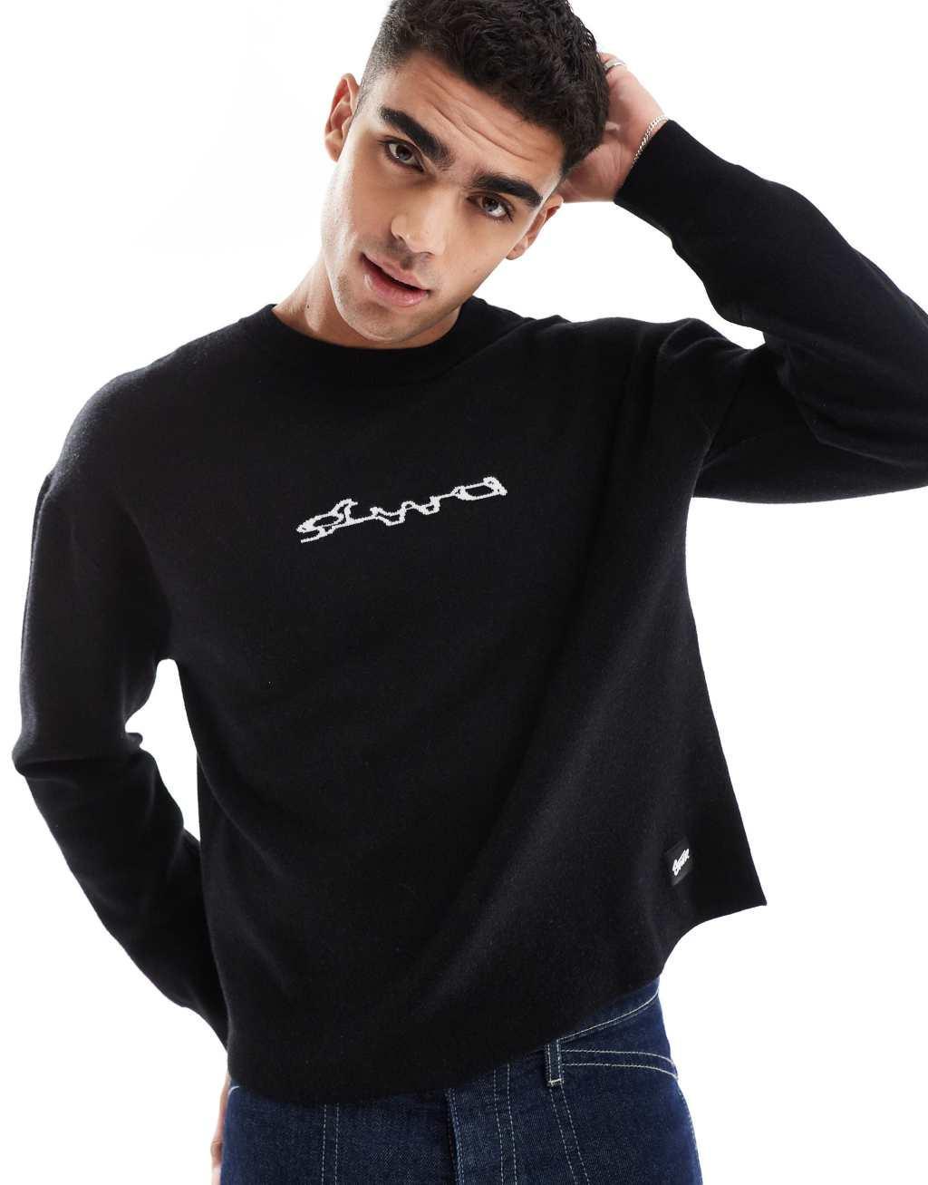 Pull&Bear STWD graphic printed sweater in black Product Image