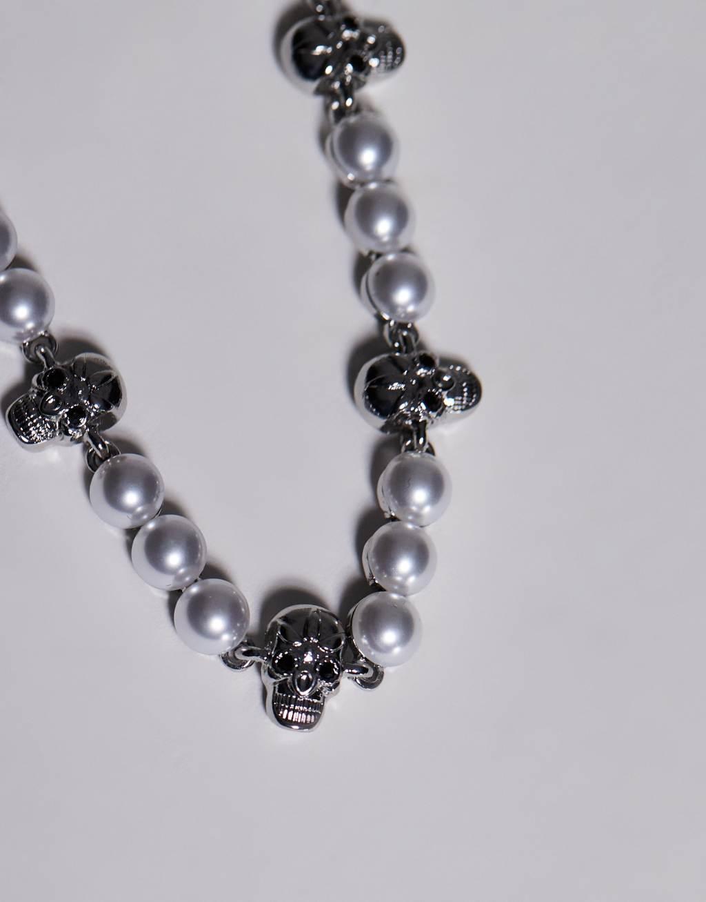 ASOS DESIGN Halloween choker necklace with faux pearl and skull design in silver tone Product Image