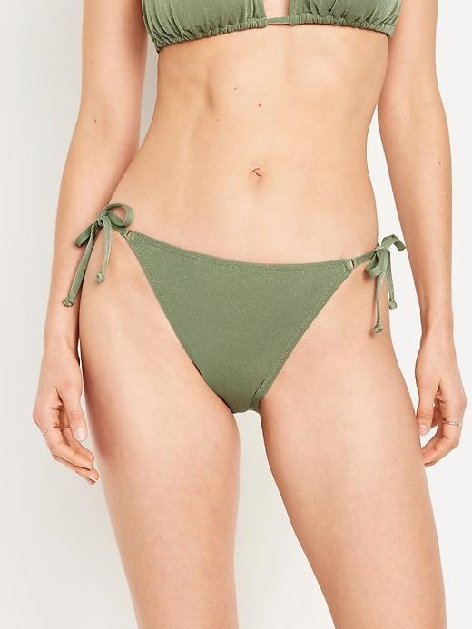 Mid-Rise Side-Tie Shine String Bikini Swim Bottoms Product Image