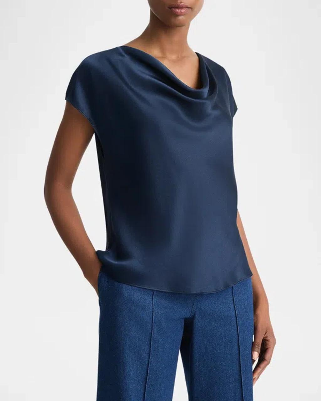 Cowl-neck Cap-sleeve Satin Blouse In Coastal Blue Product Image