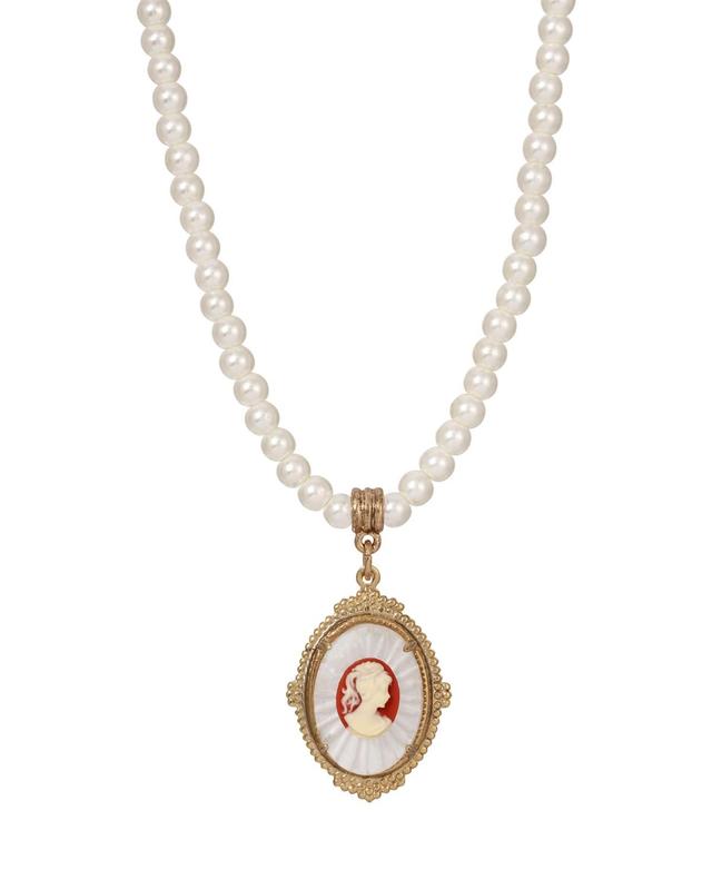 1928 Gold Tone Faux Pearl Frosted Oval Cameo Pendant Necklace, Womens, Orange Product Image