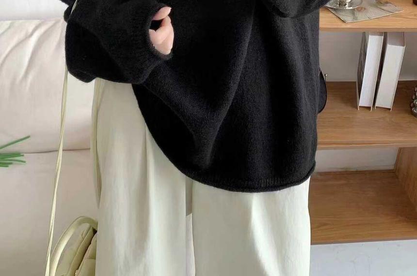 Long-Sleeve Round Neck Plain Sweater Product Image