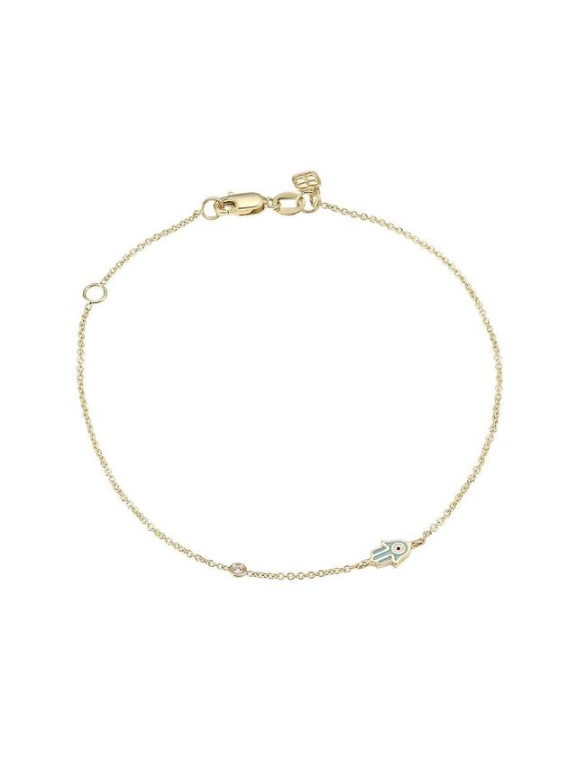 Mini 14K Yellow Gold Enamel, Turquoise & Diamond Hamsa Hand Bracelet Product Image