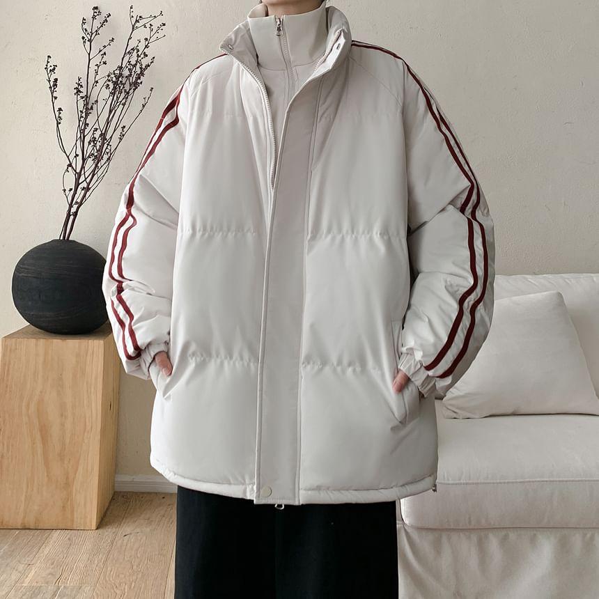 Stand Collar Striped Plain Mock Two Piece Zip Puffer Jacket Product Image