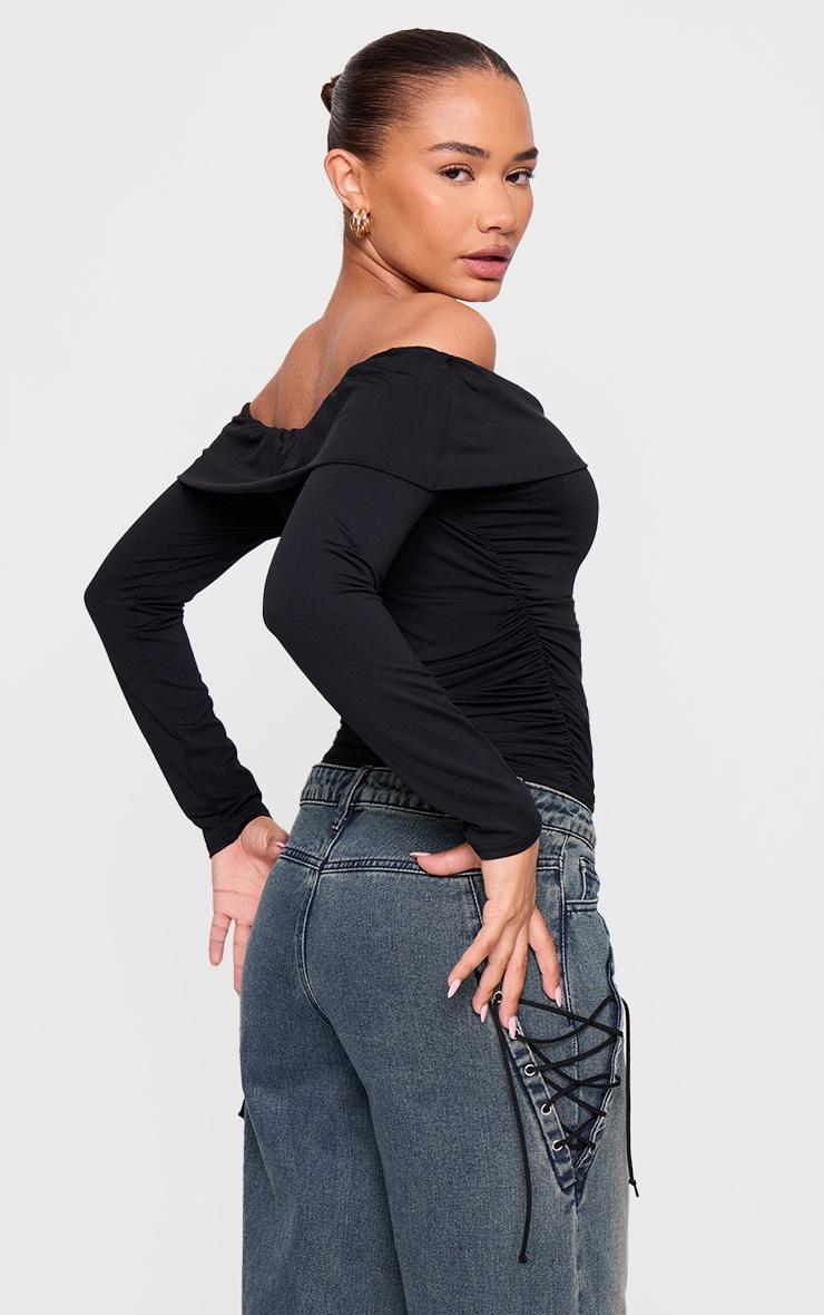 Petite Black Double Slinky Off Shoulder Ruched Top Product Image