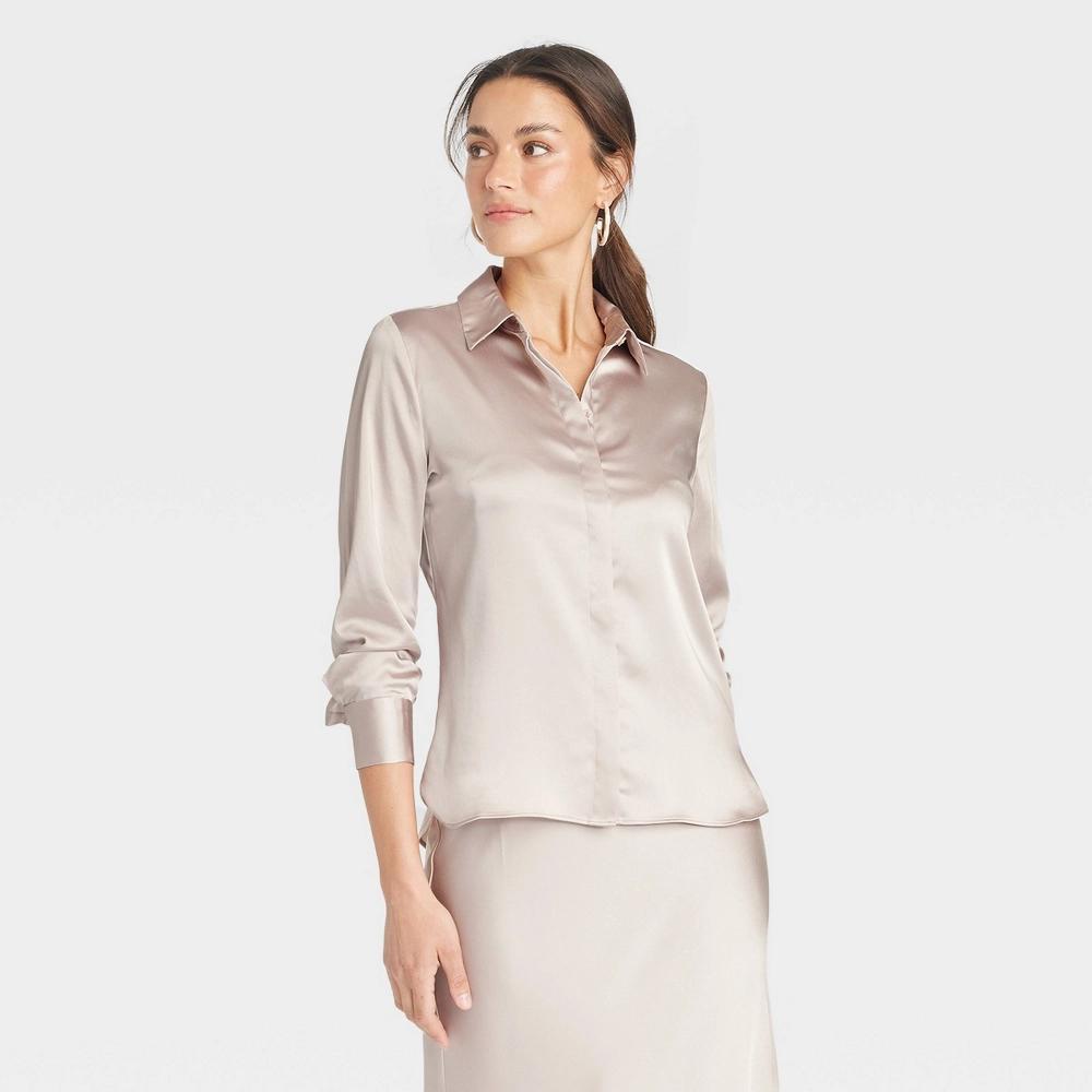 Womens Long Sleeve Button-Down Satin Shirt - A New Day Beige Product Image